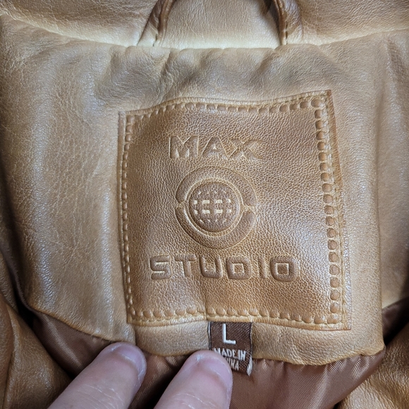 Max Studio Women's caramel tan aged Faux Leather moto biker jacket, L - Picture 10 of 16